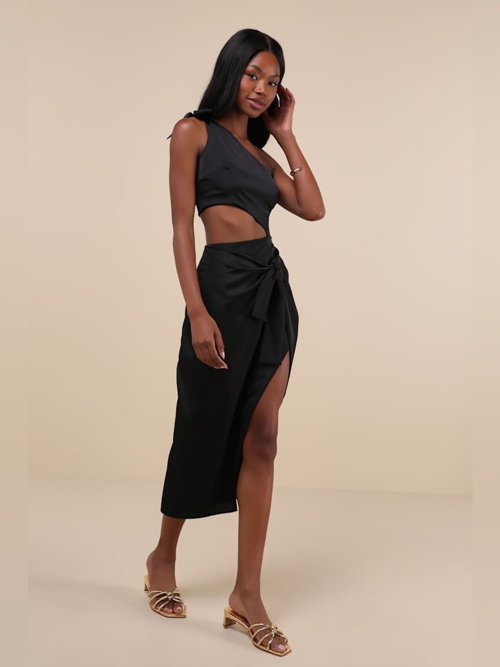 LULUS Vacay Beauty Black One-Shoulder Tie-Strap Midi Dress L
